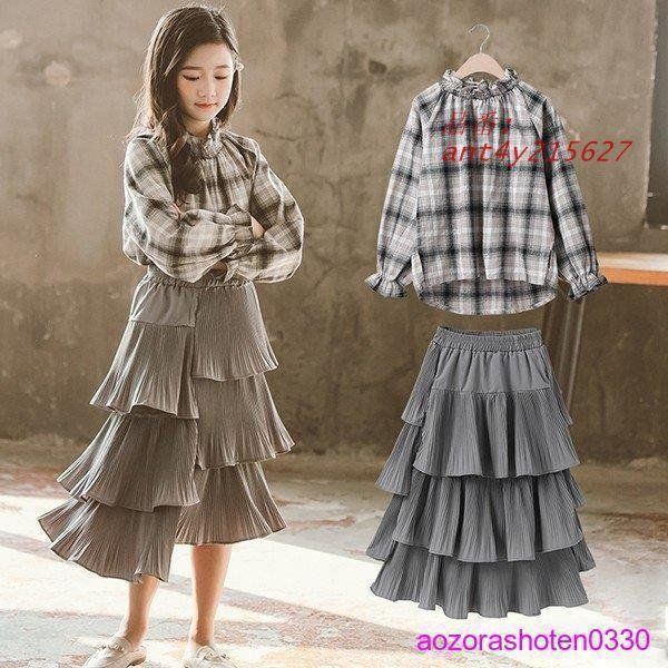 子供服 セットアップ キッズ 女の子 春秋 長袖 チェック柄 2点セット 150 CM ジュニア ブラウス おしゃれ シャツ 上下セット 膝丈スカート ant 4 y 215627