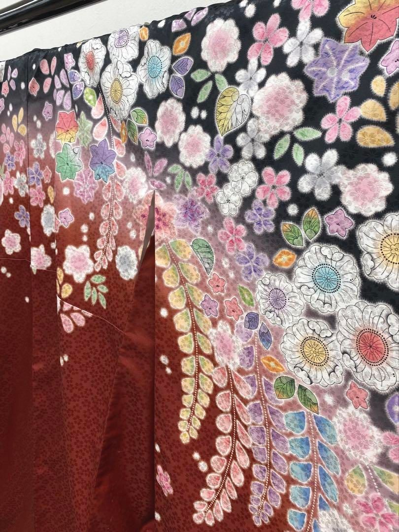 ❁tomihisa❁新品 一刀彫 薔薇 モノトーン 着物 成人式 胴抜き仕立て