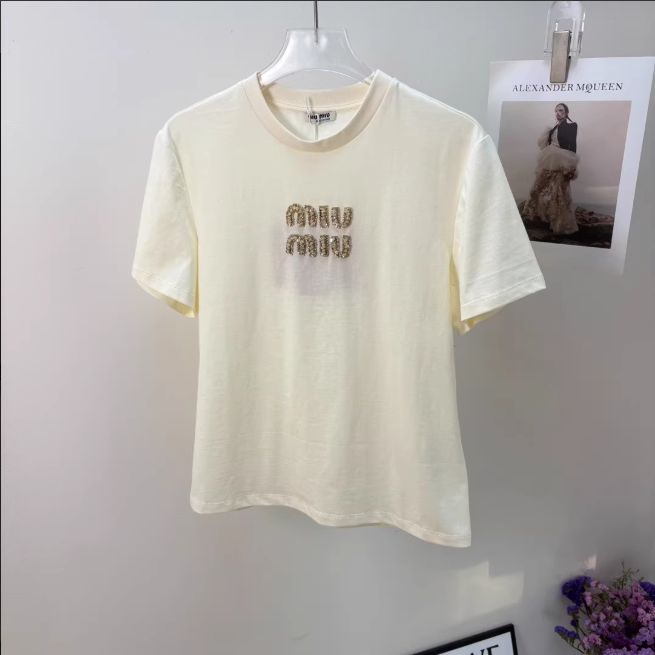 MIU MIU レディース ラインストーン フロントロゴ クルーネック 半袖