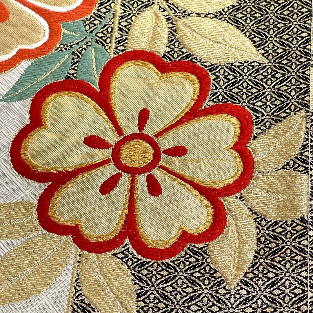 赤に亀甲、梅の花模様のだらりの帯☆作り帯 袋帯 美品 逸品 川島織物 落款 亀甲 花唐草 金銀糸 箔 オレンジ