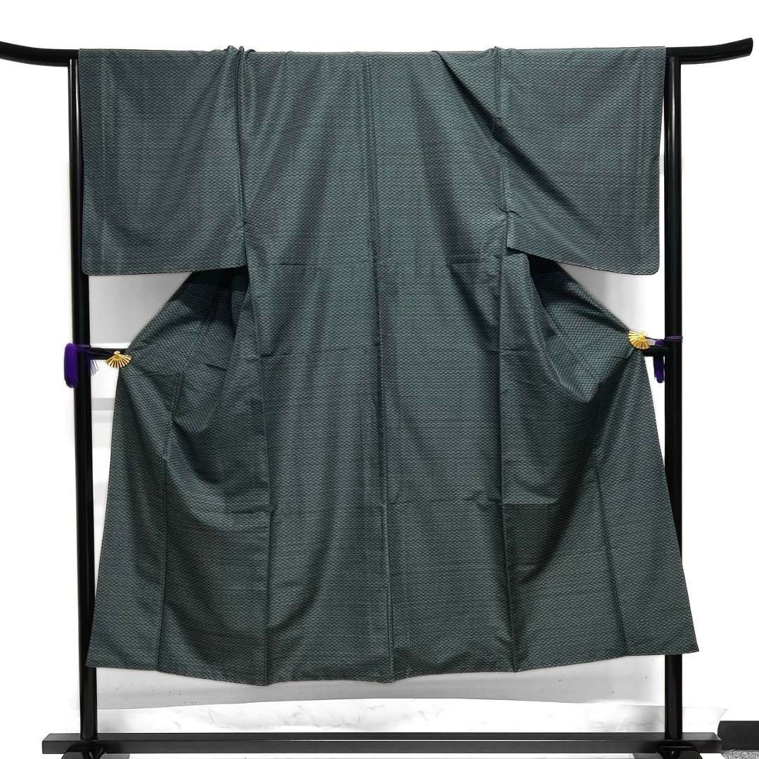 小紋 大島紬 抽象模様 リーフ グリーン 着物 032a d 着物シャツ