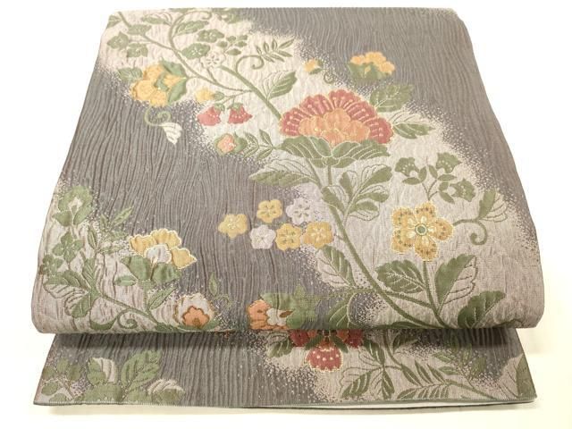 平和屋着物●六通柄袋帯　ふくれ織　更紗花唐草文　金糸　正絹　逸品　DAAX0387cm 平和屋着物○六通柄袋帯 ふくれ織 更紗花唐草文 金糸 正絹 逸品