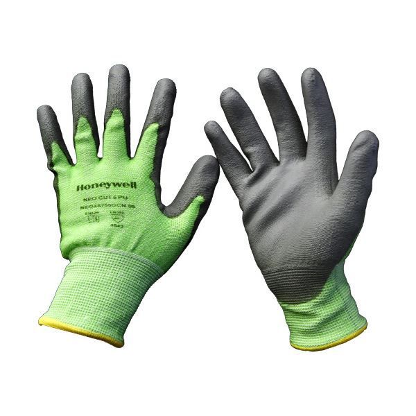〔まとめ〕 ハネウェル ネオカット PU サイズ08 M 黄緑|グレー NEO45755GCNIP-08 1双 〔×5セット〕
