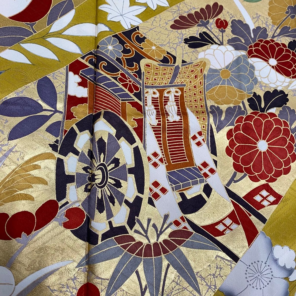 振袖 身丈166.5cm 裄丈63cm S 袷 花 波 金糸 金彩 黒 正絹 美品 優品  