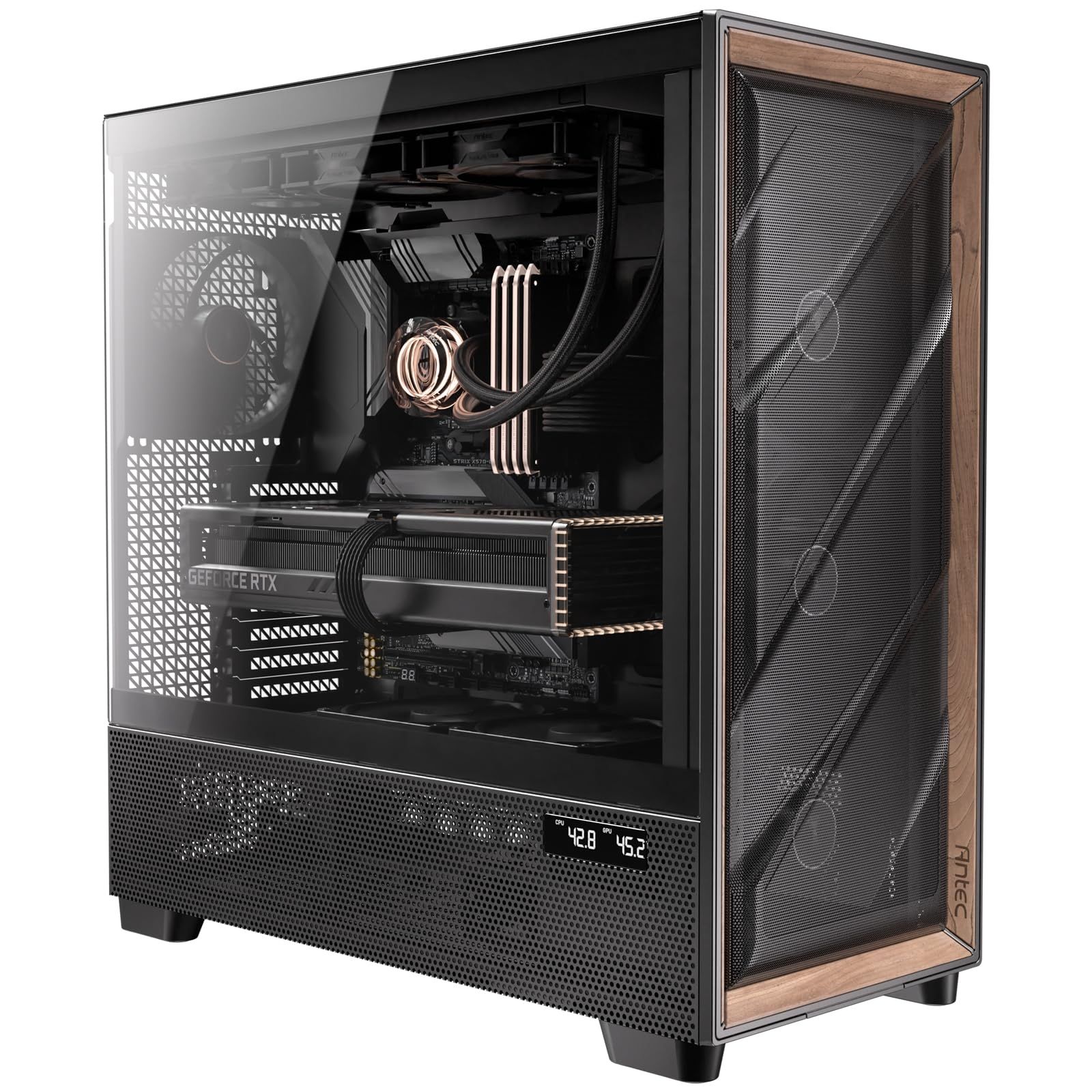 ANTEC FLUX PROは 強化ガラスパネルと木材を使用した冷却型フルタワーPCケースです