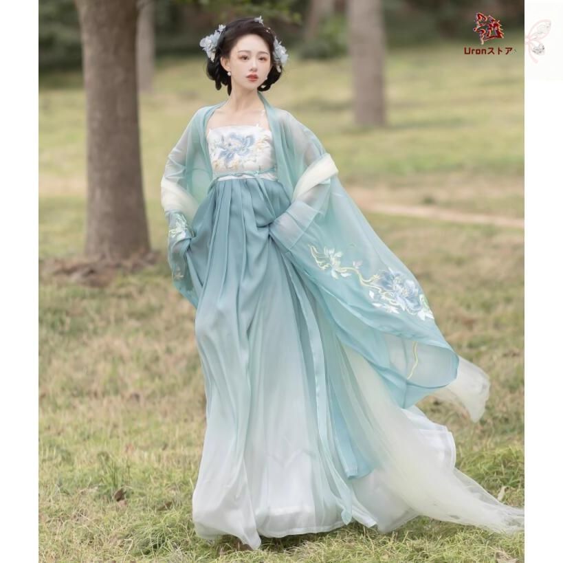 漢服3点セット レディース 唐朝 中国古代服装 振袖羽織カバー付き 大きい花刺繍 ストール付き 中華宮廷 皇后 貴妃 変身 コスプレ衣装 グラ