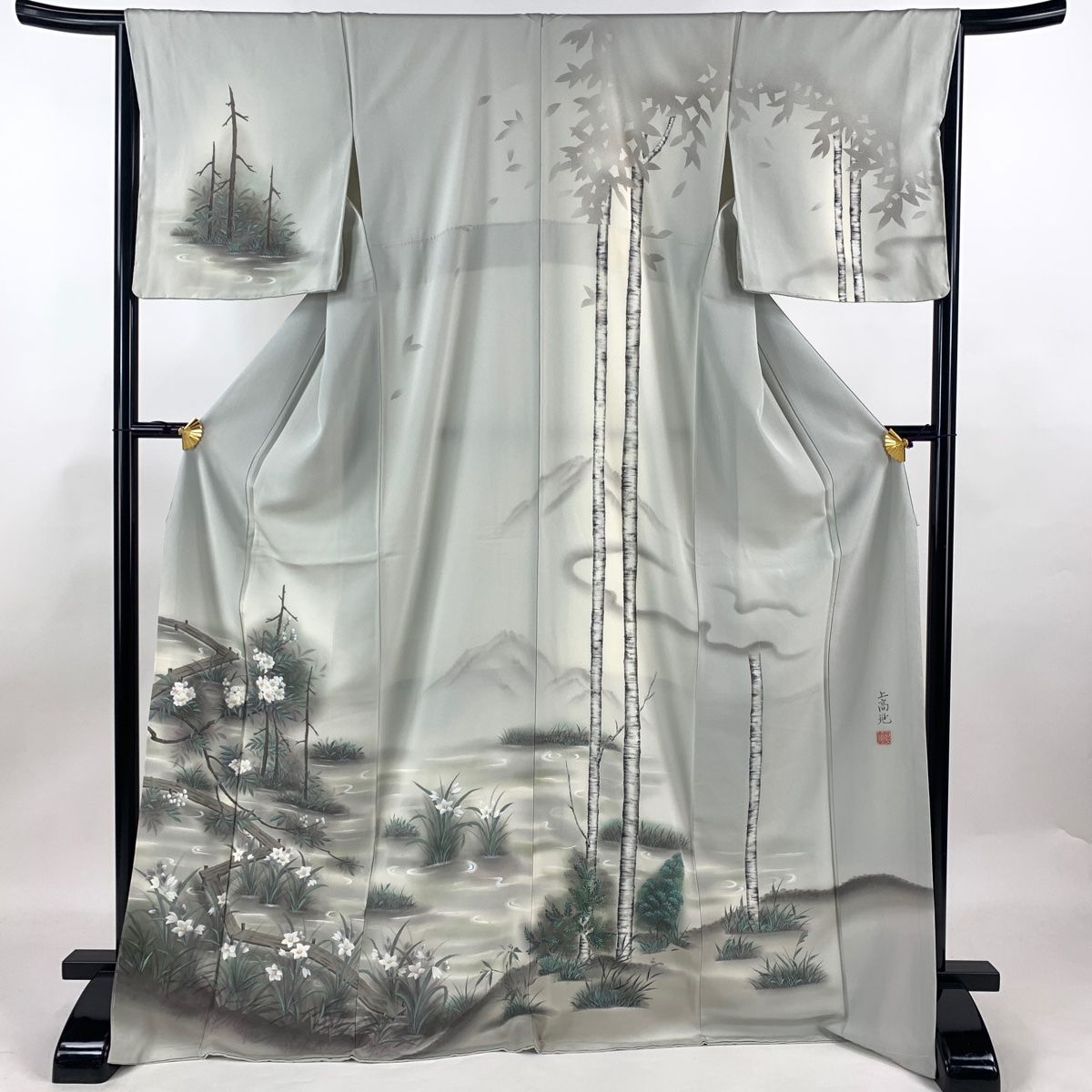 訪問着 身丈171.5cm 裄丈65cm M 袷 落款 風景 上高地 ぼかし 灰緑 正絹 秀品