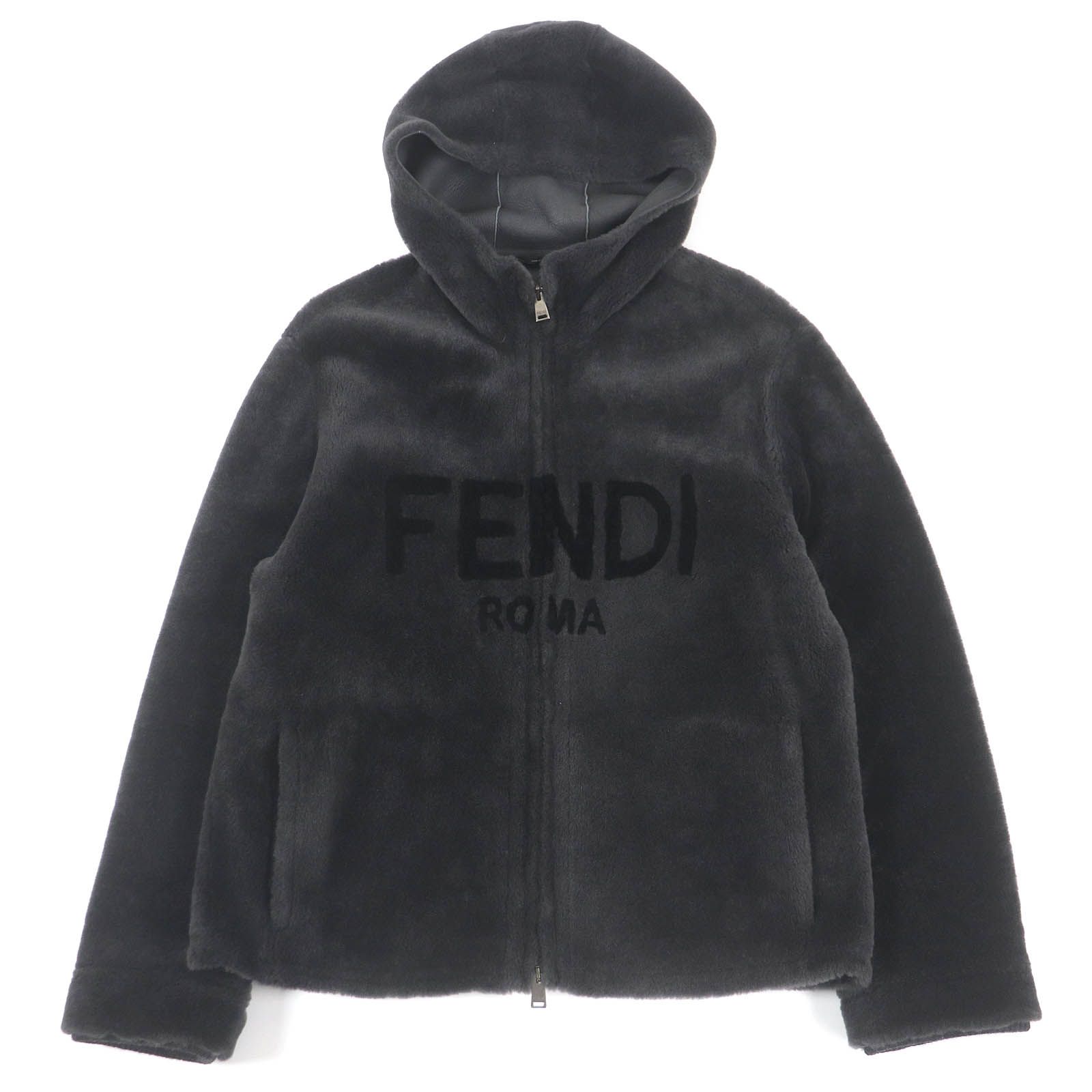 極美品FENDI フェンディ 2022年製 FM0152 AFNA F11H6 羊革 ゴ入り フーデッド ムートンジャケット チャコール 50 イタリア製 正規品 メンズ