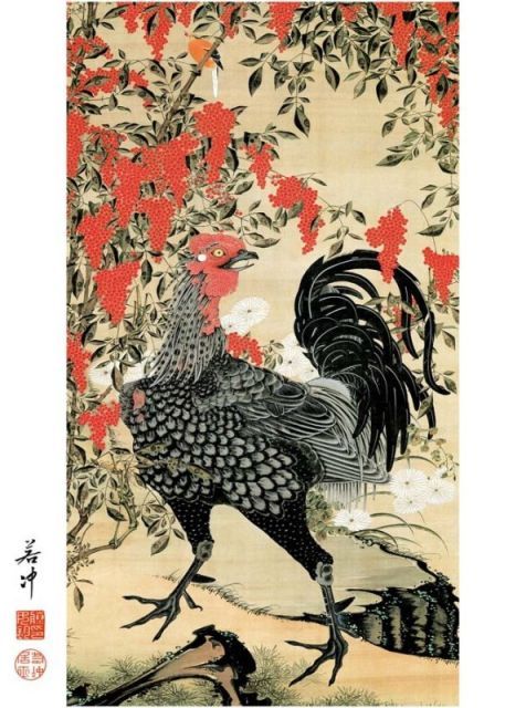 4点セット　伊藤若冲　南天雄鶏図　アート　ポスター　額装　55cm 62cm 伊藤若冲 動植綵絵 南天雄鶏図 高級仕様 掛軸 美術品 インテリア