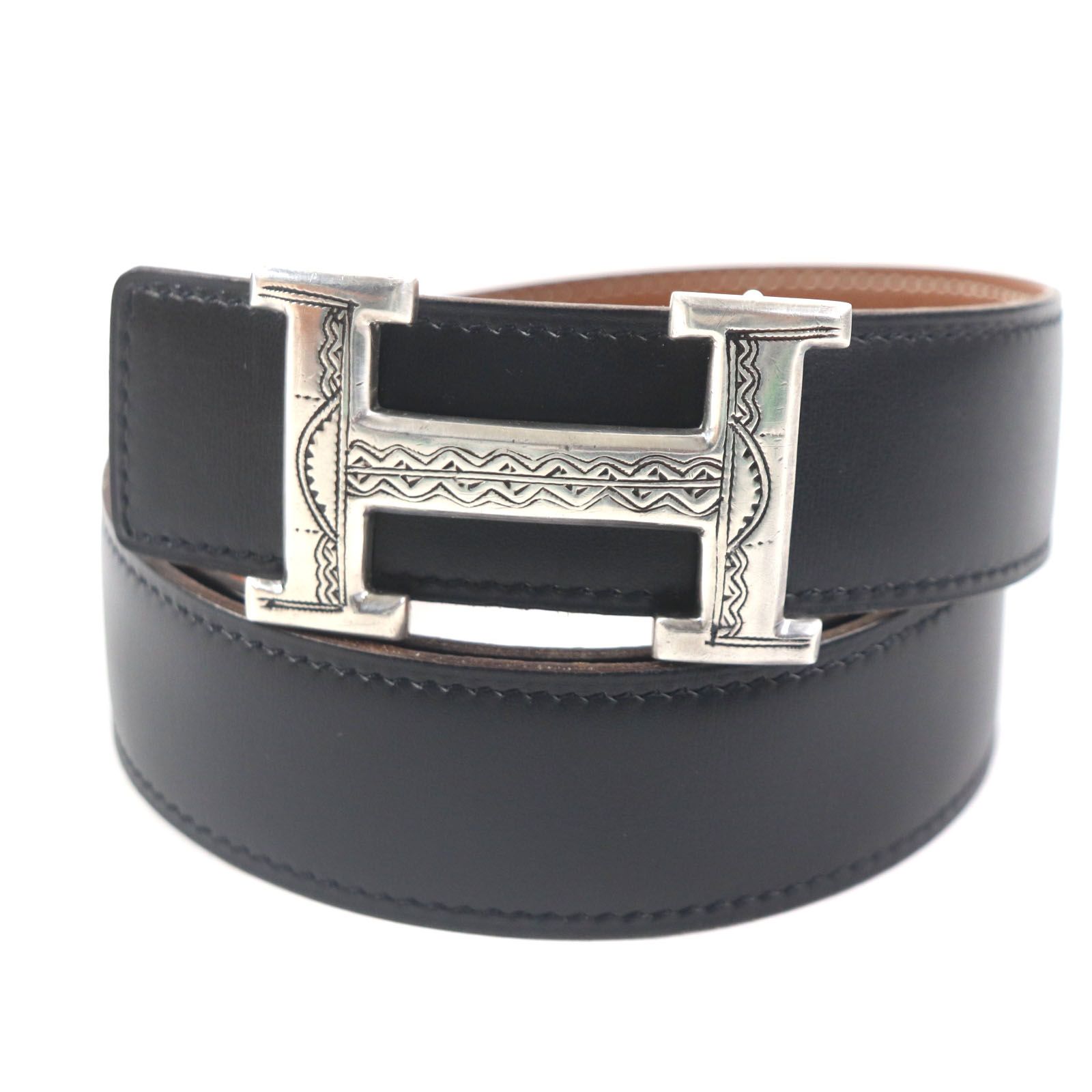 HERMES ベルトのバックル ヴィンテージ Vintage 80's HERMES Sz L Reversible Belt Gold H Buckle 31-38