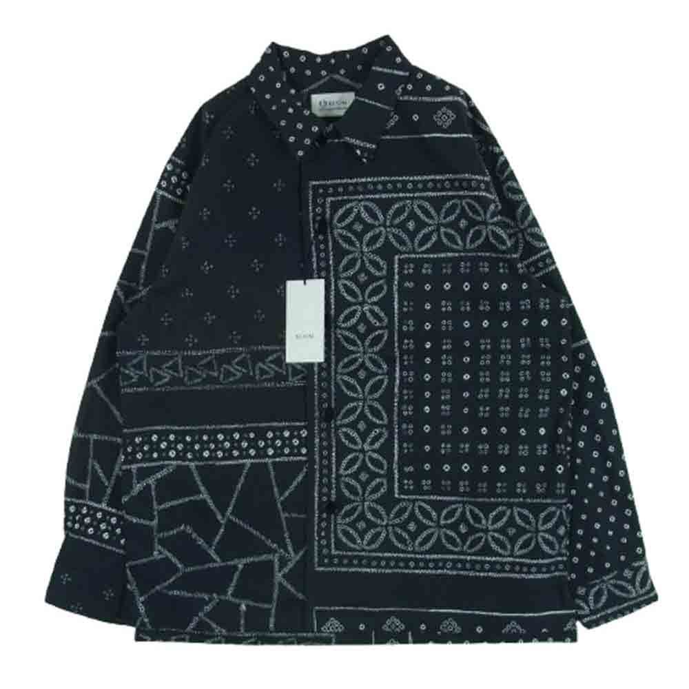KUON クオン 115SH010200 Kanoko Shibori Printed Bandanna Shirket 観光絞り プリント バンダナ 長袖 シャツ ブラック系 ホワイト系 09 M 新古品
