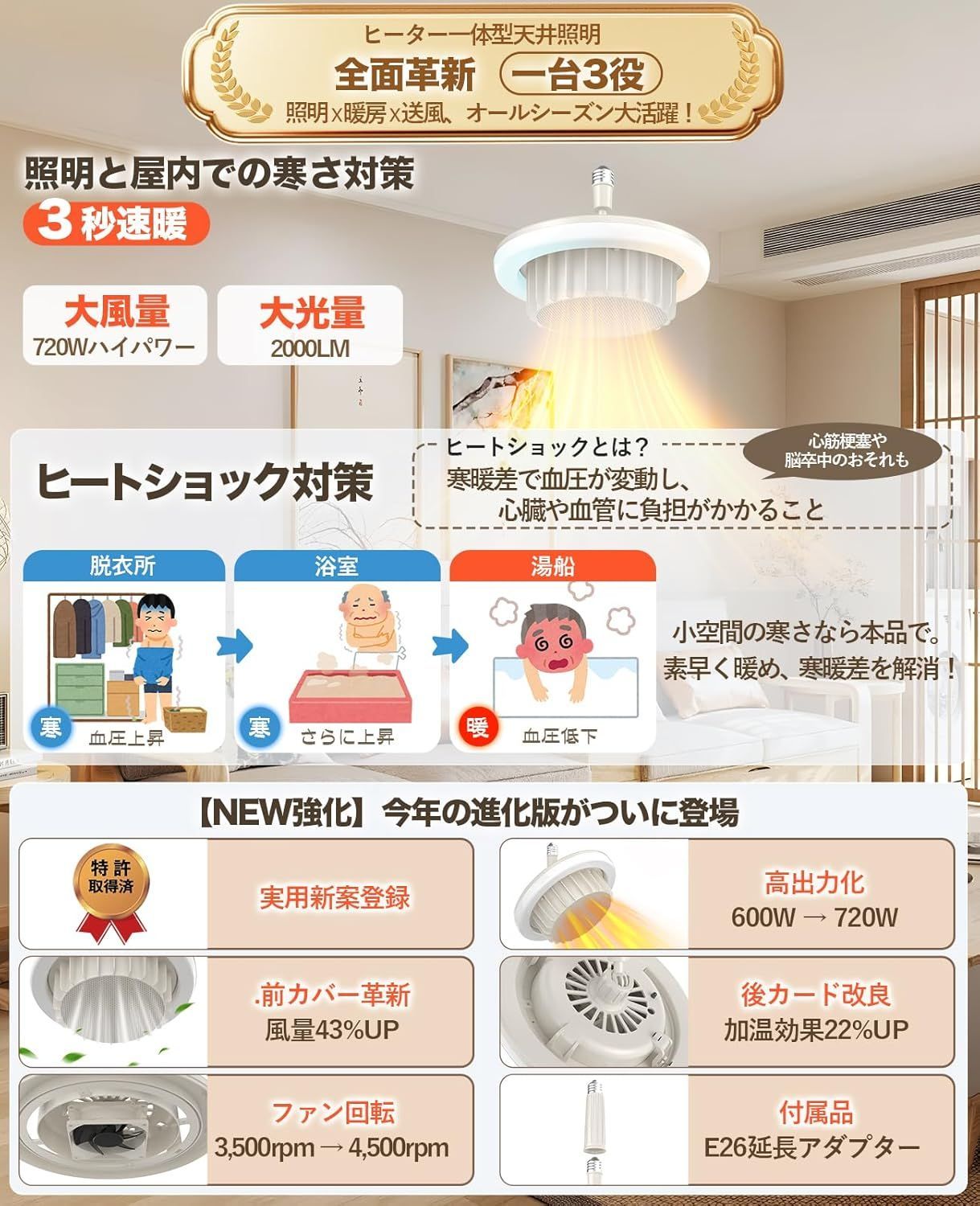 ヒーター 電気ファンヒーター 暖房 天井 省エネ 実用新案登録 PSE認証取得 E26口金 led ライト 720W|400W|4W シーリングライト 2000lm 吊り下げ 3段階温度調整 大風量 速暖 無階段調色調光 リモコン付き タイマー
