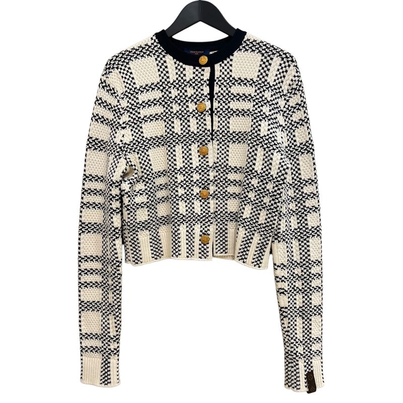 ルイ ヴィトン LOUIS VUITTON ツイードニットカーディガン FMKC08 M ホワイト×ブラック コットン|ウール レディース カーディガン