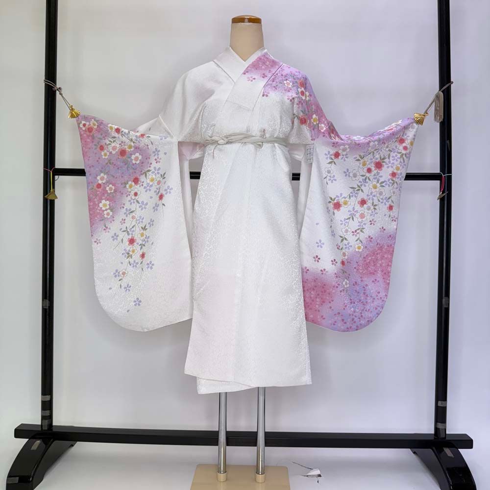 二尺袖 単品 卒業式着物 白 ピンク 裄67cm Lサイズ 袴用着物 化繊 4678