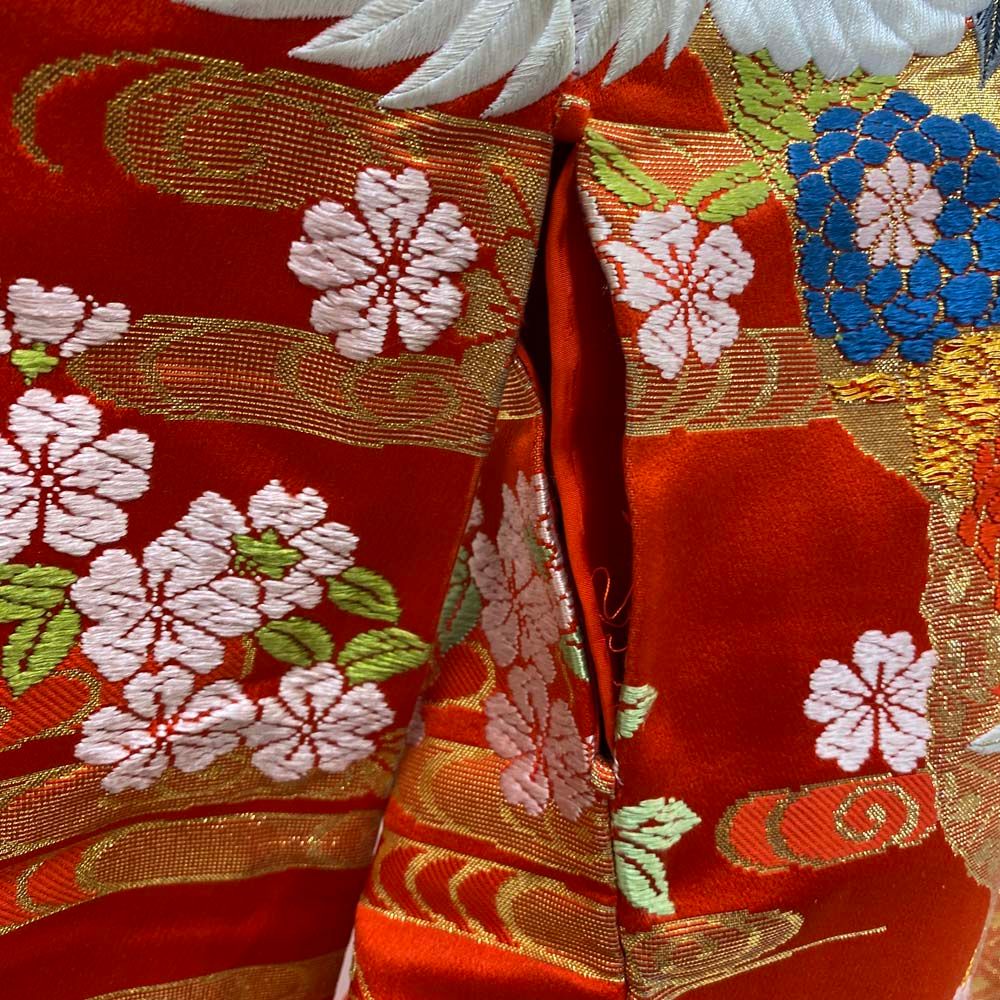 色打掛 正絹 鶴 刺繍 金 赤 打掛 Mサイズ 裄65.5 花嫁衣裳 婚礼  