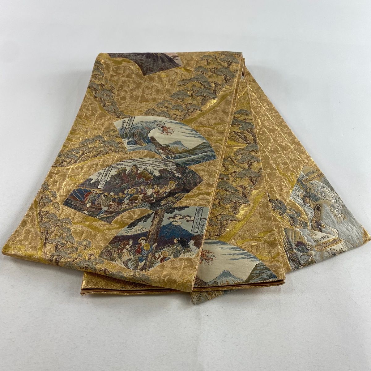 袋帯 美品 逸品 風景 霞 金糸 箔 灰緑 お太鼓柄 正絹 中古 袋帯 美品 秀品 樹木 霞 金銀糸 灰緑 お太鼓柄 正絹 中古 袋帯