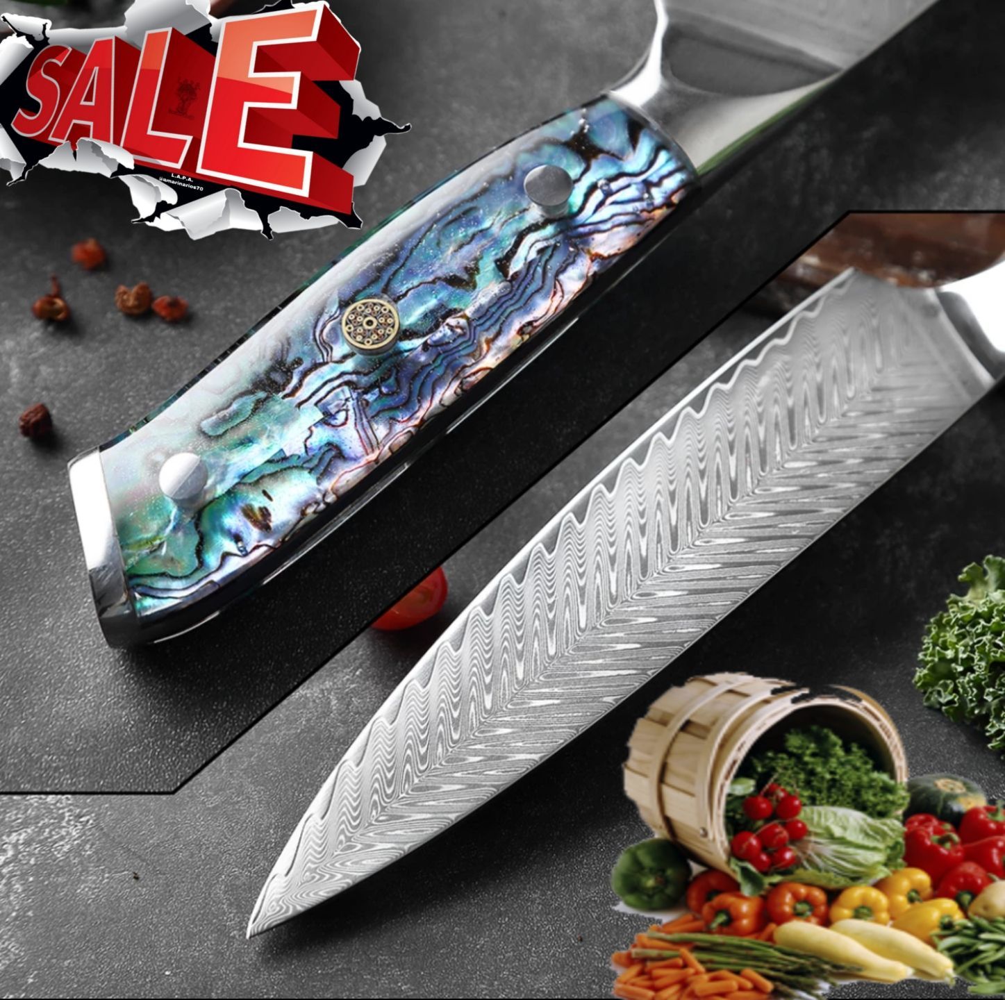 67層 ダマスカス 牛刀 三徳 筋切り 包丁 VG10 アワビ殻柄 SKLAD-KIRPICHA_RU