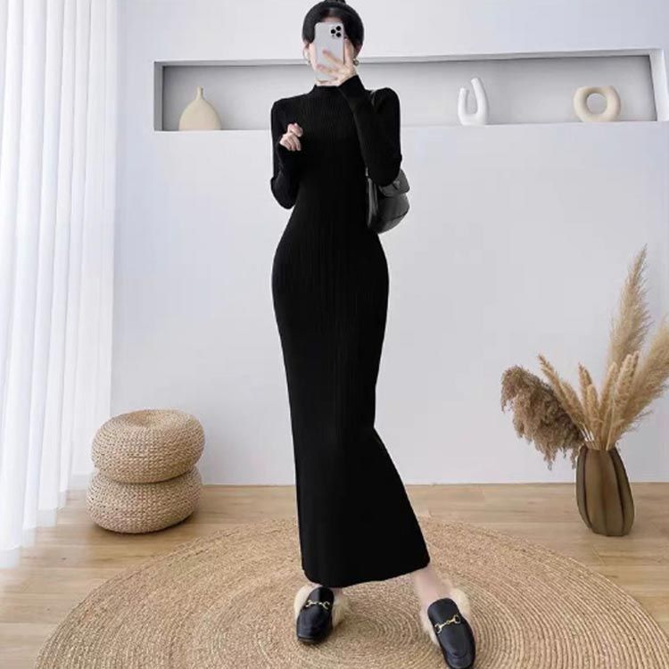 ニットワンピ 秋冬 ハイネック ロング丈 リブワンピース