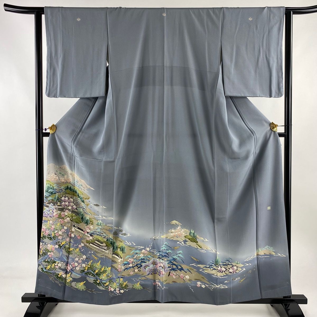 色留袖 身丈159cm 裄丈61cm S 袷 加賀友禅 小田美知代 落款 風景 枝梅 青灰色 正絹 秀品 三つ紋