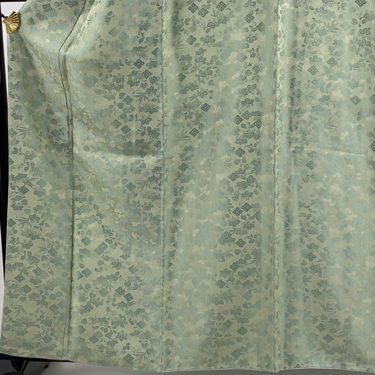お召 身丈161cm 裄丈65cm M 袷 桐 菱 薄緑 正絹