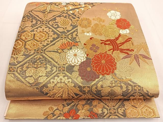 平和屋着物◎六通柄袋帯 唐織 鼓花文 金糸 正絹 逸品 BAAT8907yt