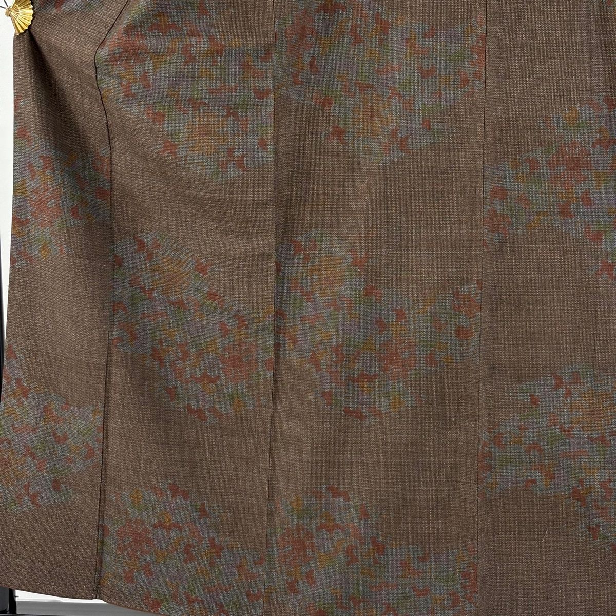 結城紬 身丈158.5cm 裄丈62.5cm S 袷 本場結城紬 宮崎株式会社 証紙 花 100亀甲 焦茶色 正絹