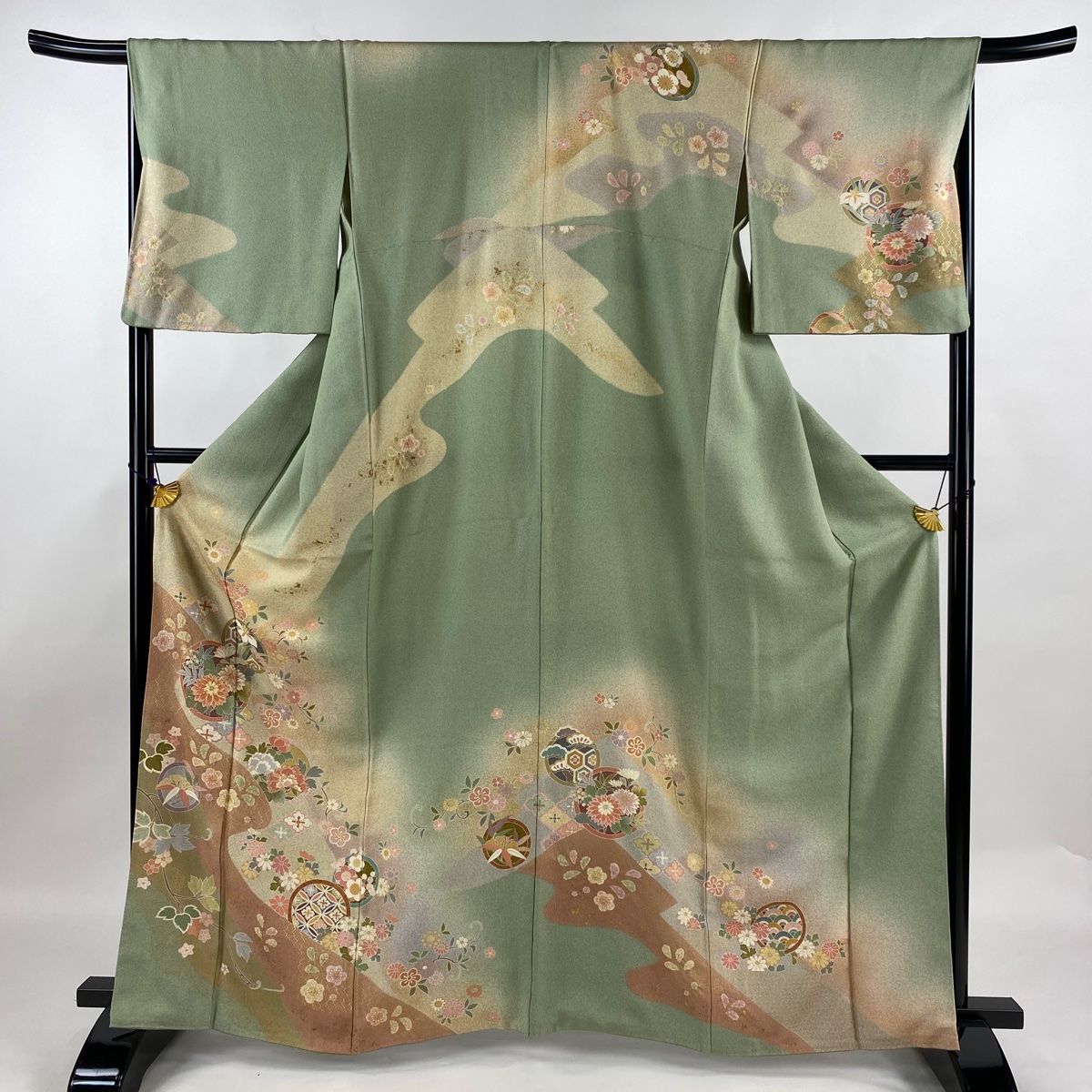 訪問着 身丈164.5cm 裄丈67.5cm L 袷 草花 丸文 金糸 金彩 灰緑 正絹 名品
