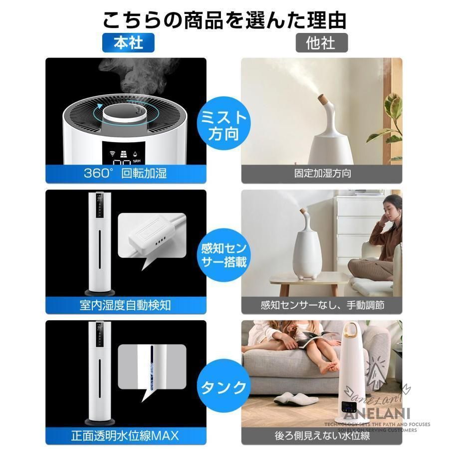 加湿器超音波式空気清浄機便利UV除菌次亜塩素酸水対応8Lあろまセンサータイマータワー型リモコン付大容量ホコリウイルス対策