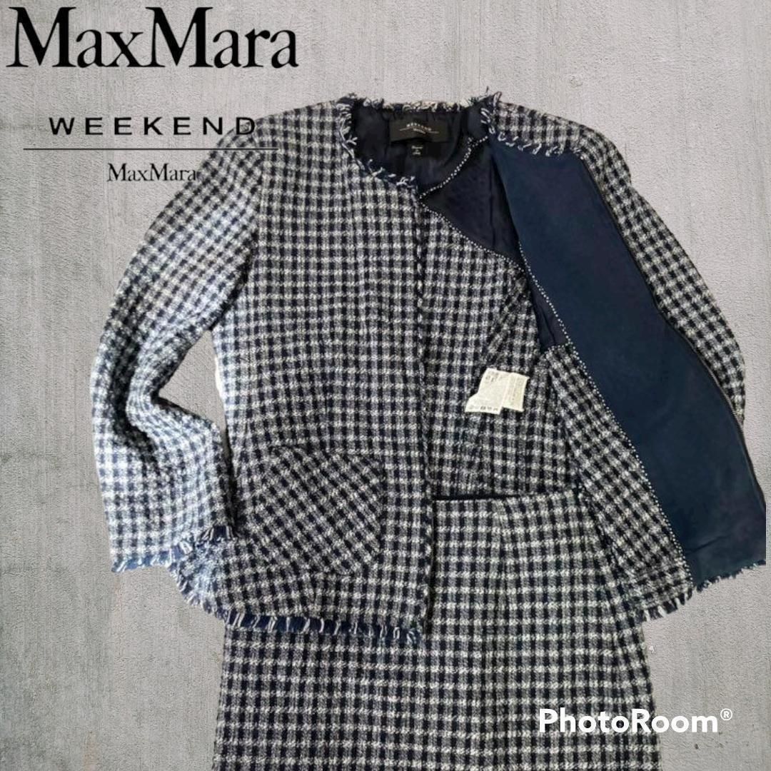 極美品】MaxMara ノーカラー スカートスーツ シルクウール 白タグ 灰色