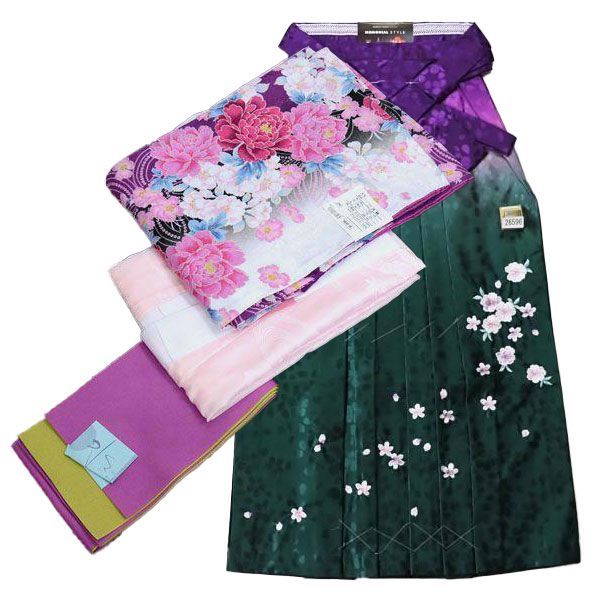 着物袴セット ジュニア用へ直し 135cm～150cm 百花繚乱 白地×紫色 地 