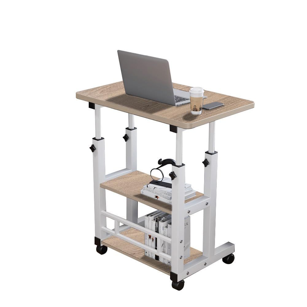 【新着商品】組立簡単 介護用ベッドテーブル 仕事 勉強机 キャスター ミニテーブル 幅60cm×奥行40cm×60-85cm 高さ調節デスク 作業台 てーぶる コンデスク パソ (グレー木色 pcデスク 机 デスク 