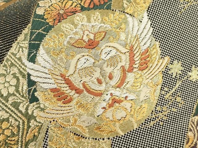 平和屋着物▽六通柄袋帯 唐織 正倉院花鳥文 黒地 金糸 正絹 逸品