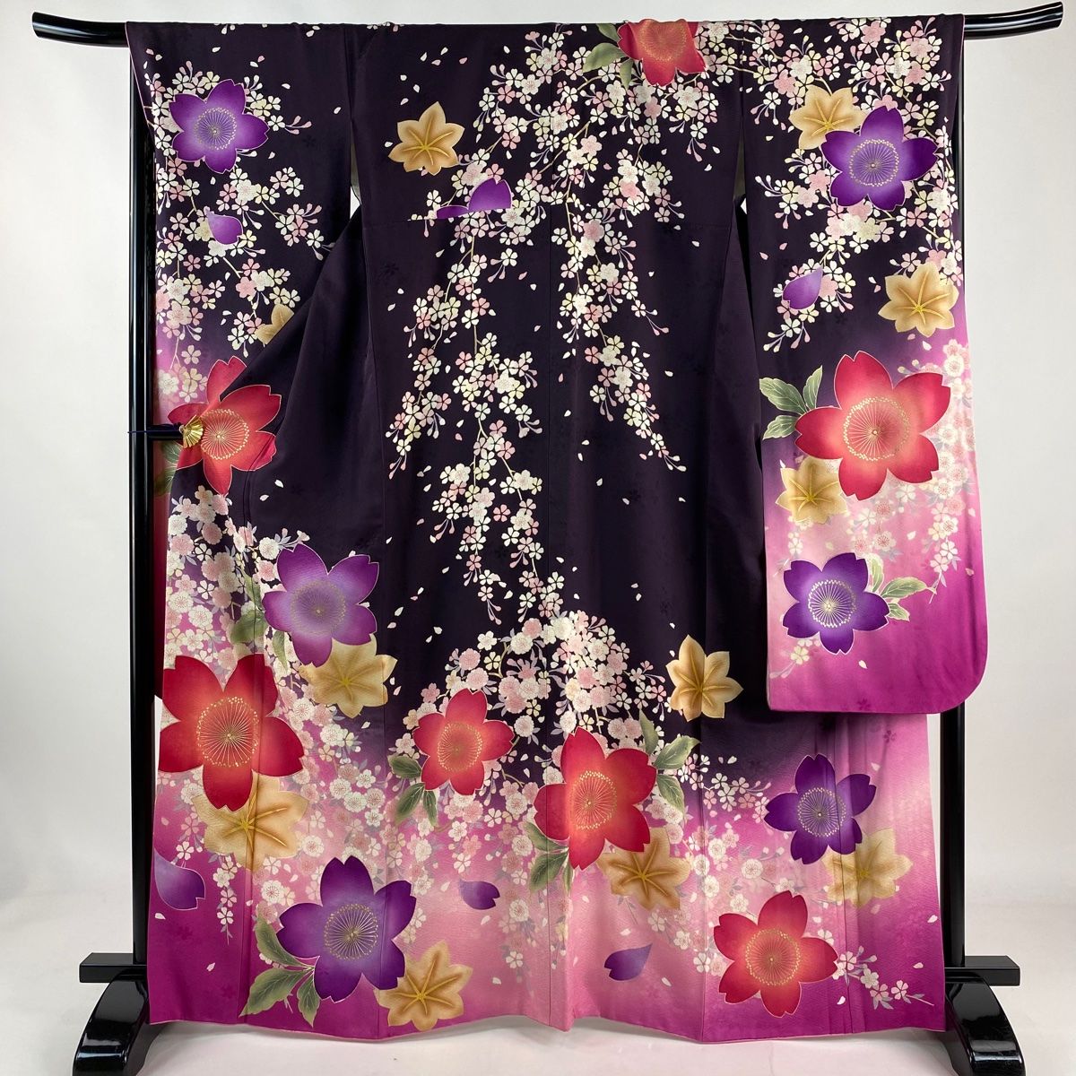 振袖 身丈165.5cm 裄丈70cm L 袷 桜 楓 金彩 ラメ 濃紫 正絹 名品 【 