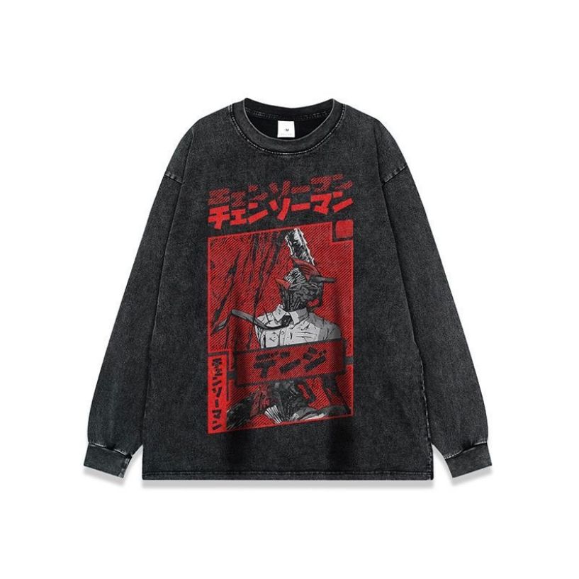 新品未使用 Tシャツ Chainsaw Man チェンソーマン 長袖 Tシャツ ヴィンテージ加工 ブラック 長袖 メンズ 秋 冬 背面無地 S-XXXL