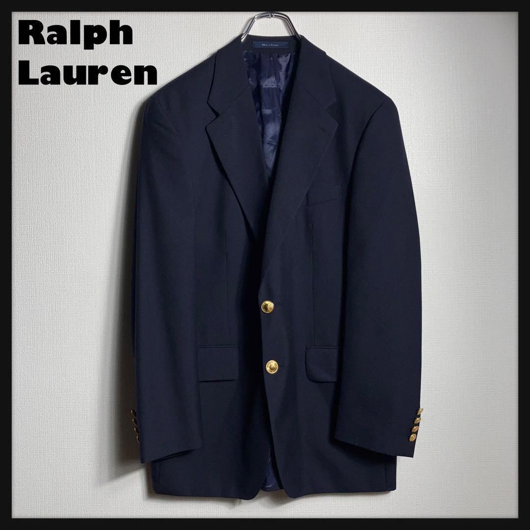 希少ラルフローレン リネン100% ダブル紺ブレ金ボタン大きいサイズ POLO RALPH LAUREN ポロ・ラルフローレン 紺 ブレザー ウール