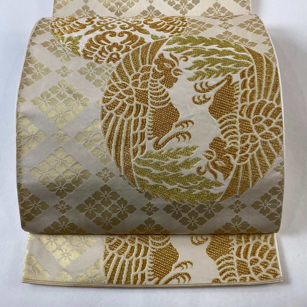 袋帯 秀品 川島織物 落款 鳳凰 草花 金糸 箔 クリーム 六通 正絹