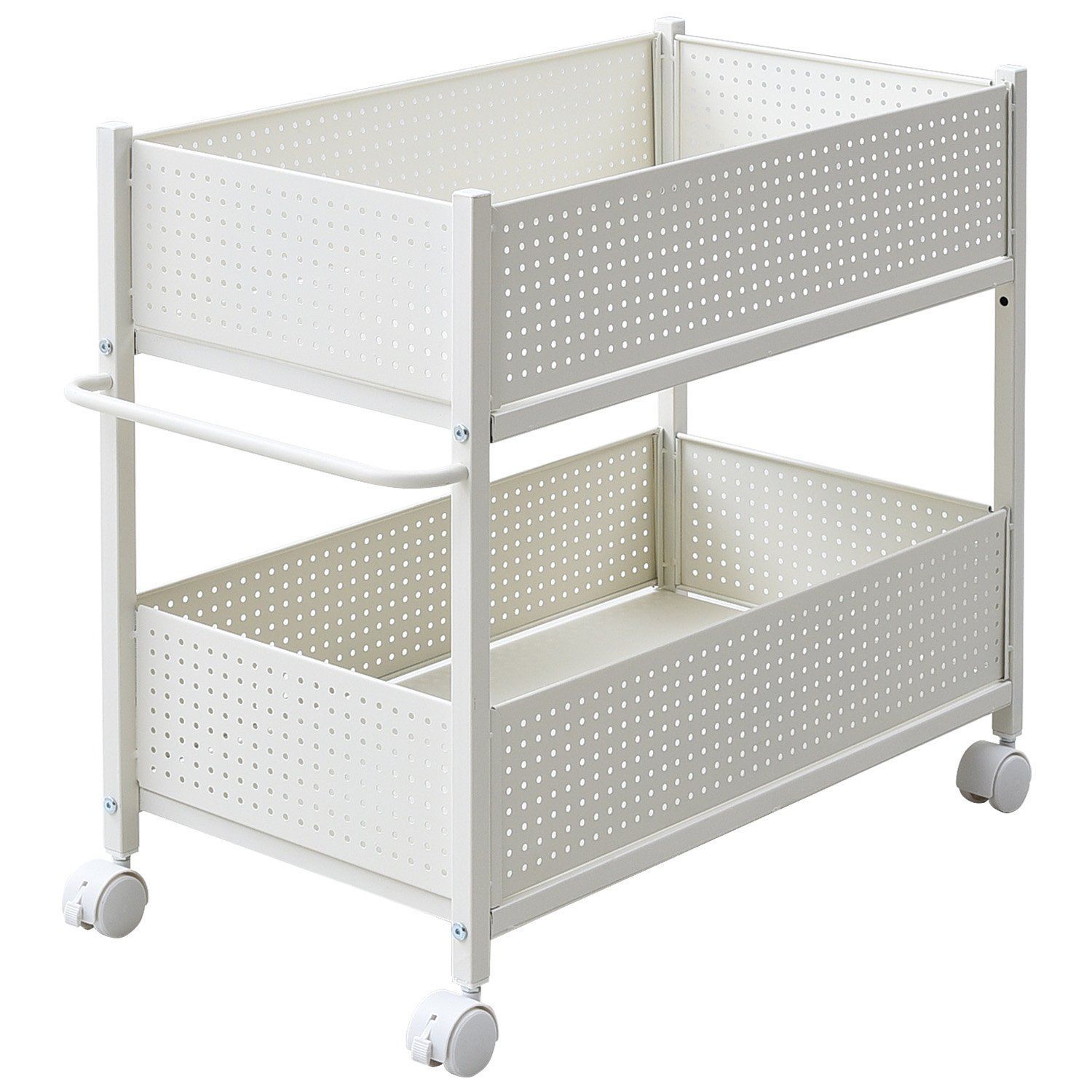 幅38cm_奥行75㎝ 山善 押入れ(クローゼット)収納 ラック 幅38×奥行75×高さ64.5cm 取っ手 ストッパー付きキャスター 上段下段かご 横板が取り外せる 組立品 ホワイト/ホワイト OPR-7538(WH/WH)