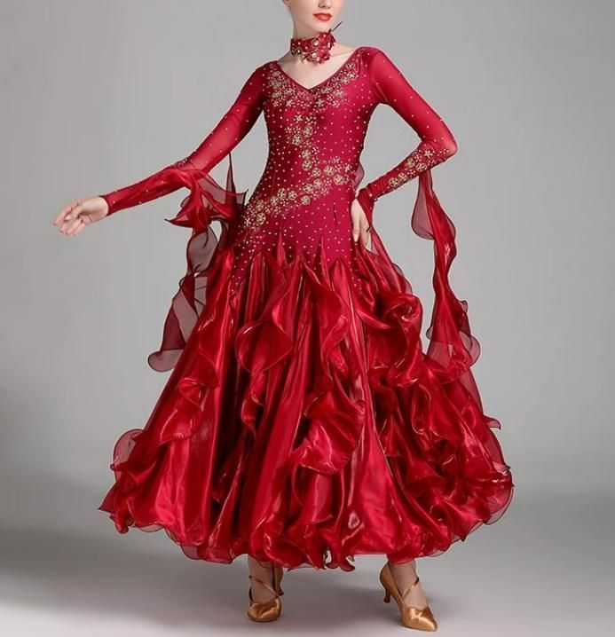 ラテンワンピースドレス 社交ダンス衣装 刺繍 ワインレッド オーダー