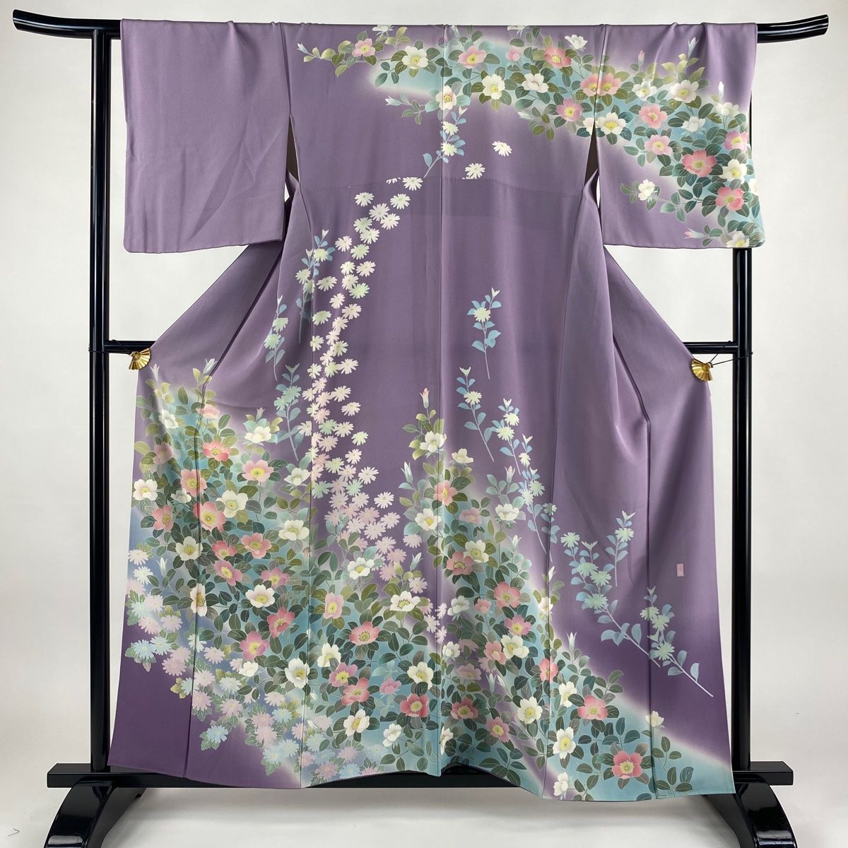 訪問着 身丈158cm 裄丈68cm L 袷 落款 藤 金彩 ぼかし 紫 正絹 秀品 【中古】