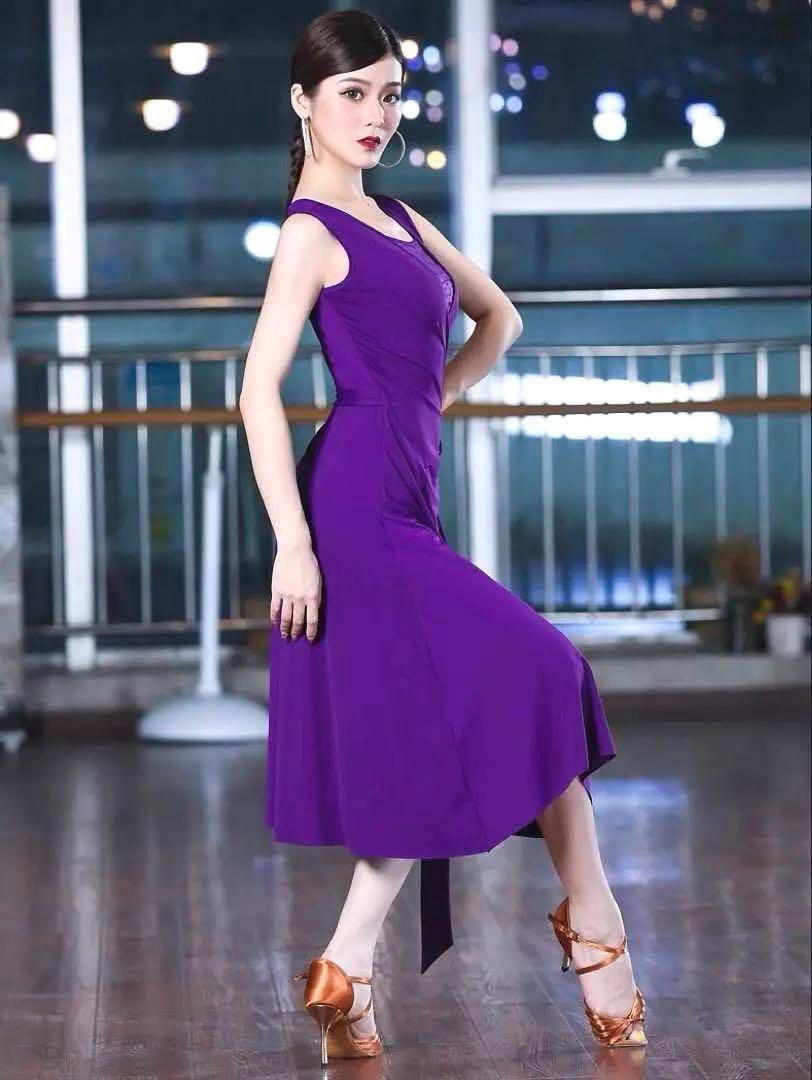 新品未使用 ロングドレス 社交ダンス パープル 紫色 ワンピース 競技会