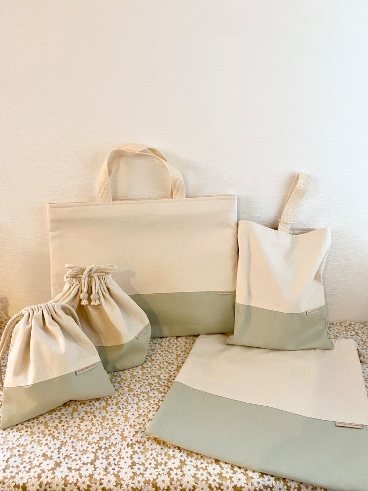 入園入学グッズ　ハンドメイド5点セット　アイボリー×ダスティミント