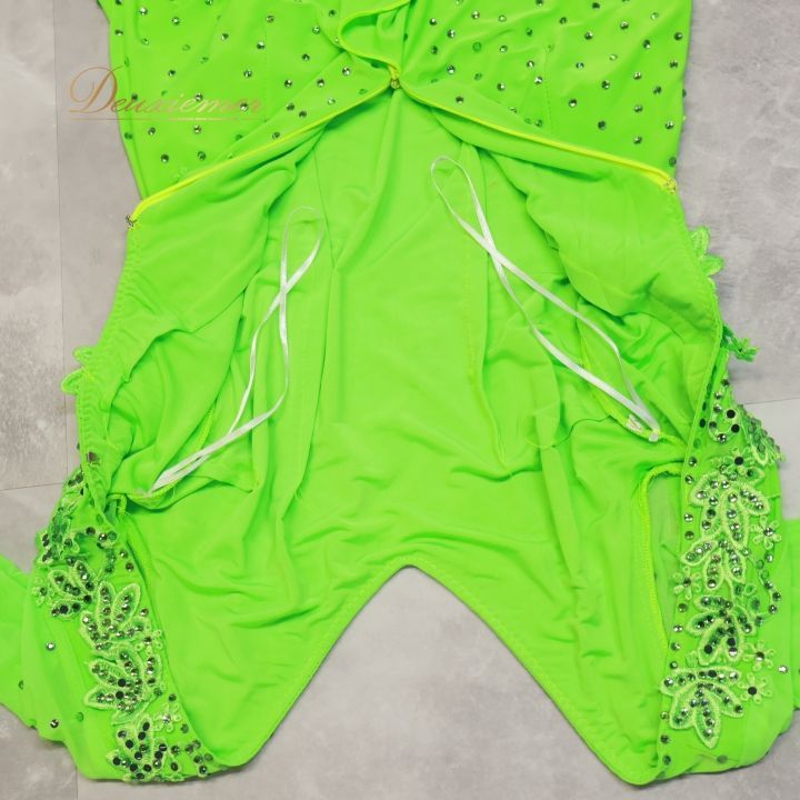 社交ダンス 衣装 ラテン ドレス ワンピース 黄緑 蛍光 デモ 競技  