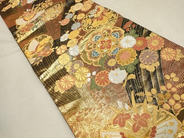 平和屋着物▽佐賀錦 振袖用両面六通柄袋帯 吉祥雪輪花蝶文 金