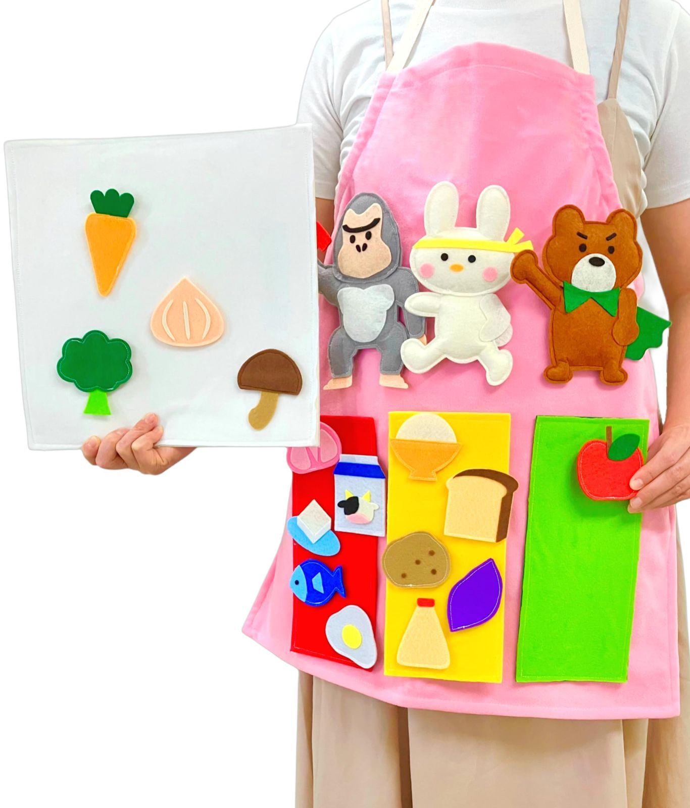 商品 てくてくも 教育エプロン 食の三原色～3色食べてパワーアップ ～ 食育 三色食品群 人形シアター 保育士 行事 エプロン 完成品