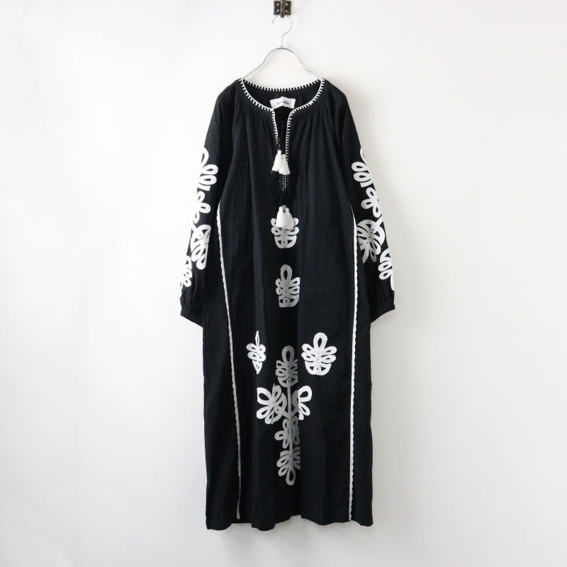 サラマリカ Sara mallika ボタニカル パッチワーク 刺繍 コットン ロングワンピース S ブラック|黒 チュニック ドレス 2400014438956