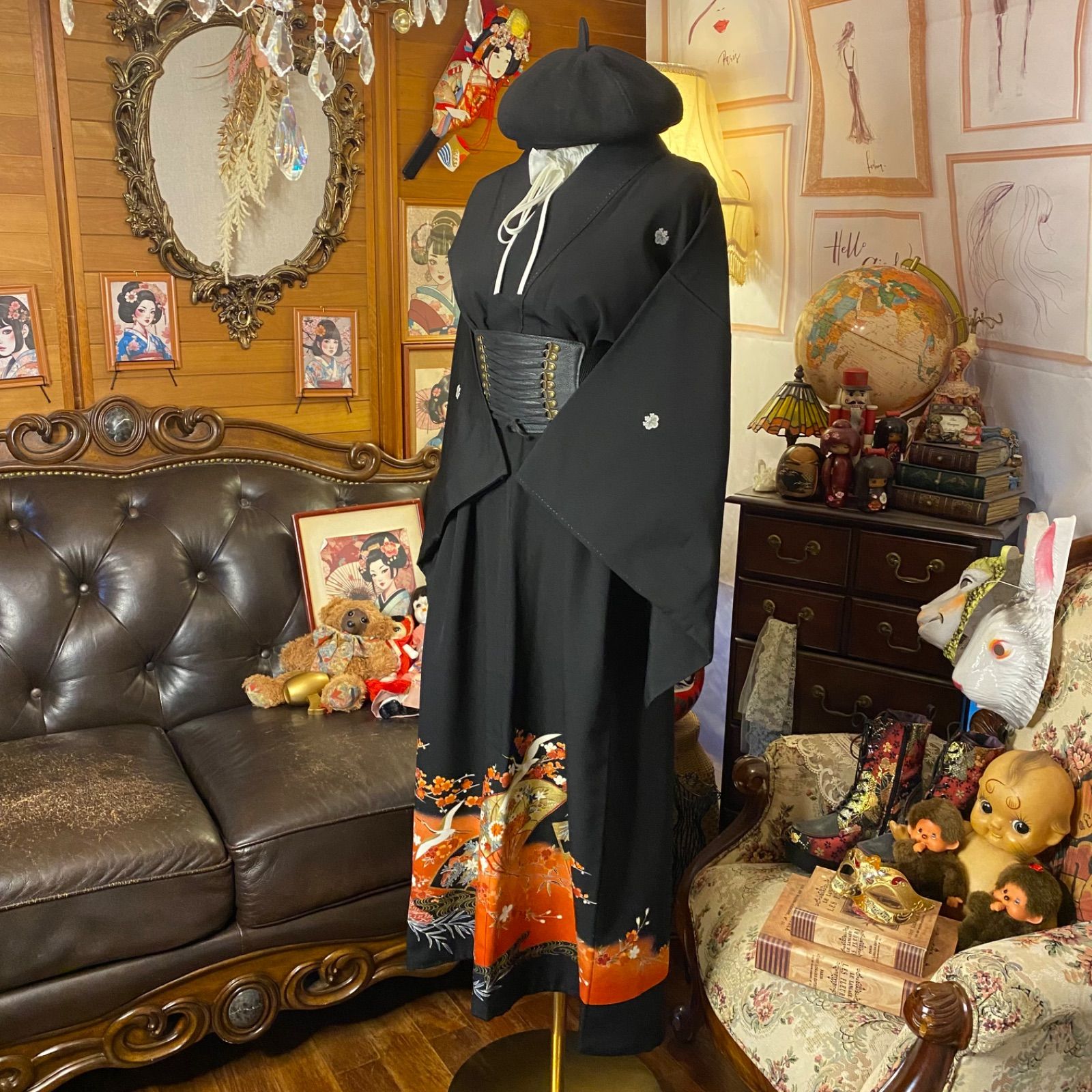 扇面×梅×鶴が舞う