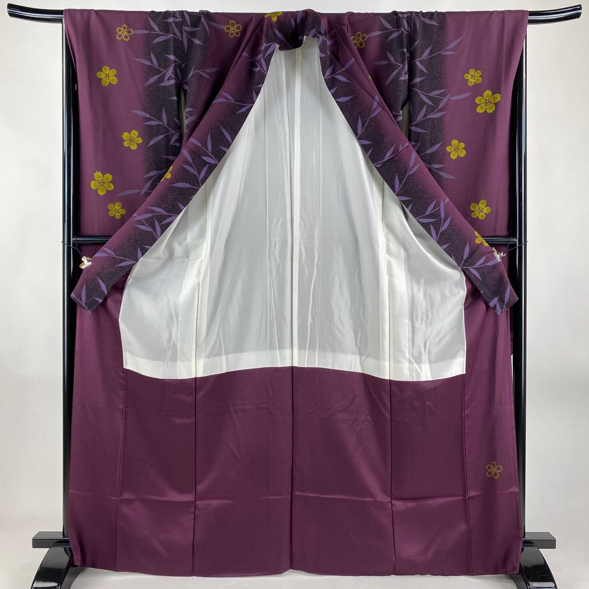 振袖 身丈167cm 裄丈67cm M 袷 桜 葉柄 金彩 茶紫 正絹 美品 名品 