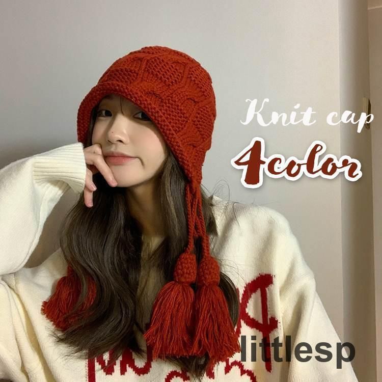 ニット帽 ニットキャップ レディース 帽子 耳当て付き タッセル 深め 格子柄 チェック 編み かわいい あったか 暖かい おしゃれ カジュアル 防寒