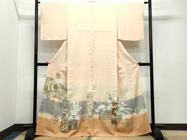 平和屋着物●豪華色留袖 刺繍 扇面鳳凰草花文 金彩 正絹 ♥ CAAZ0927vf