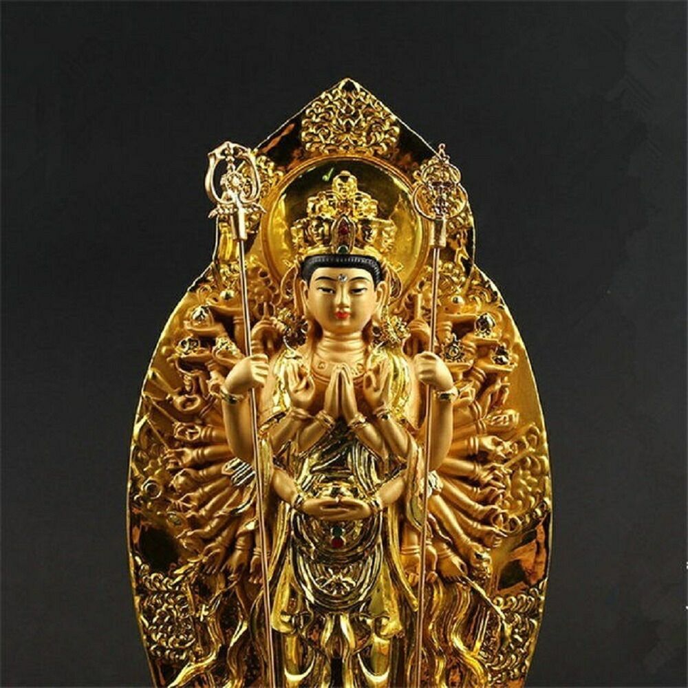 置物 黄金 千手観音菩薩 杖 両手 風水 置物 仏像 風水グッズ 観音様